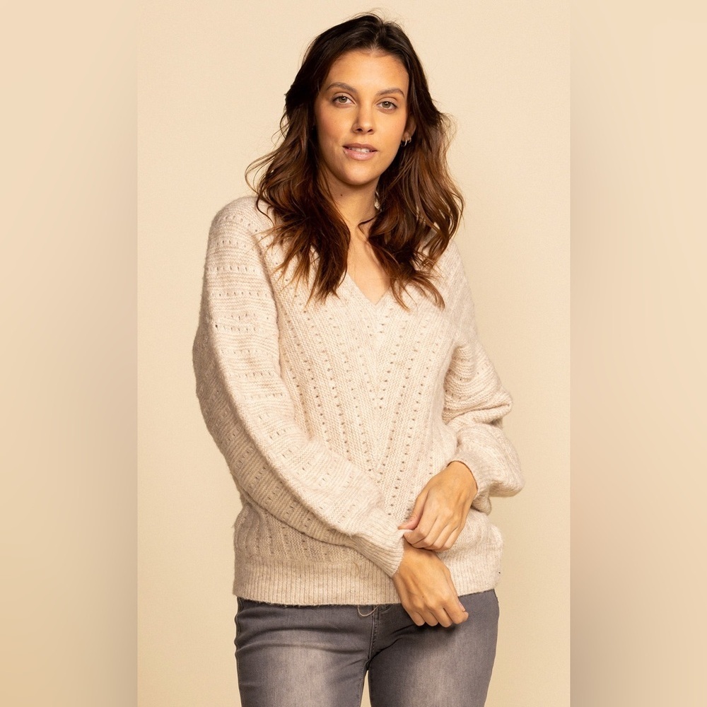 Pink Martini Women’s‎ Beverly Sweater Beige Open Knit V-Neck size M